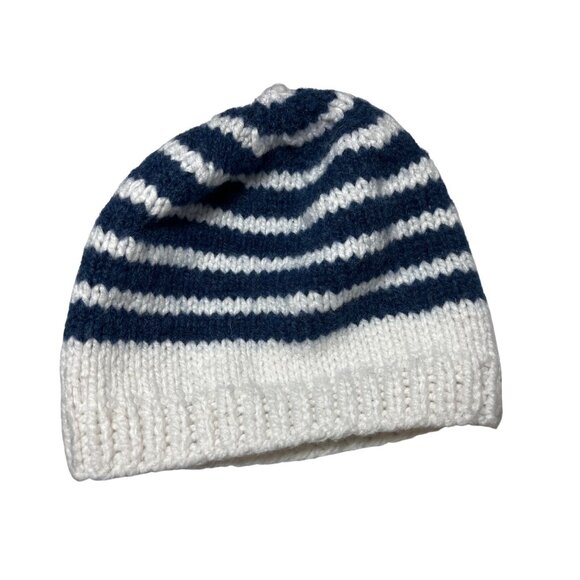 Hand-Knitted Navy & White Striped Wool Beanie Hat For Adults 18n - Picture 1 of 4